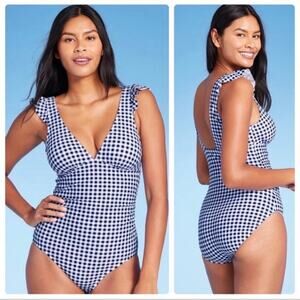 Kona Sol Gingham One-Piece Swimsuit Size Large Ruffle Sleeve Navy Blue White